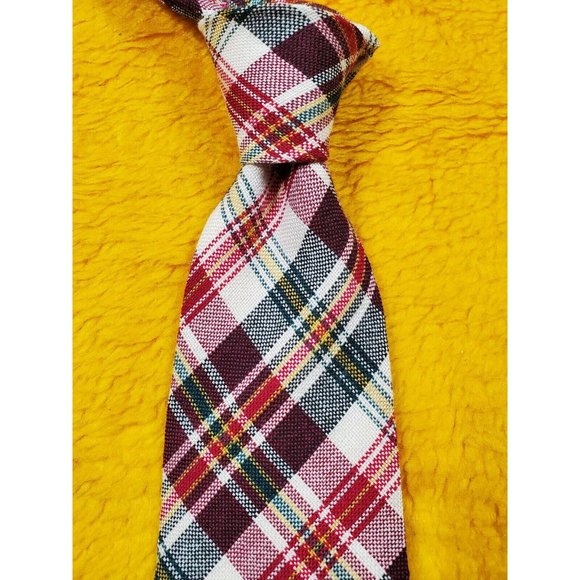 1970s GIMBELS VINTAGE WOOL ~ FAT FATTIE MENS TIE ~ BROWN GREEN RED PLAID ~ 57" - Picture 2 of 4